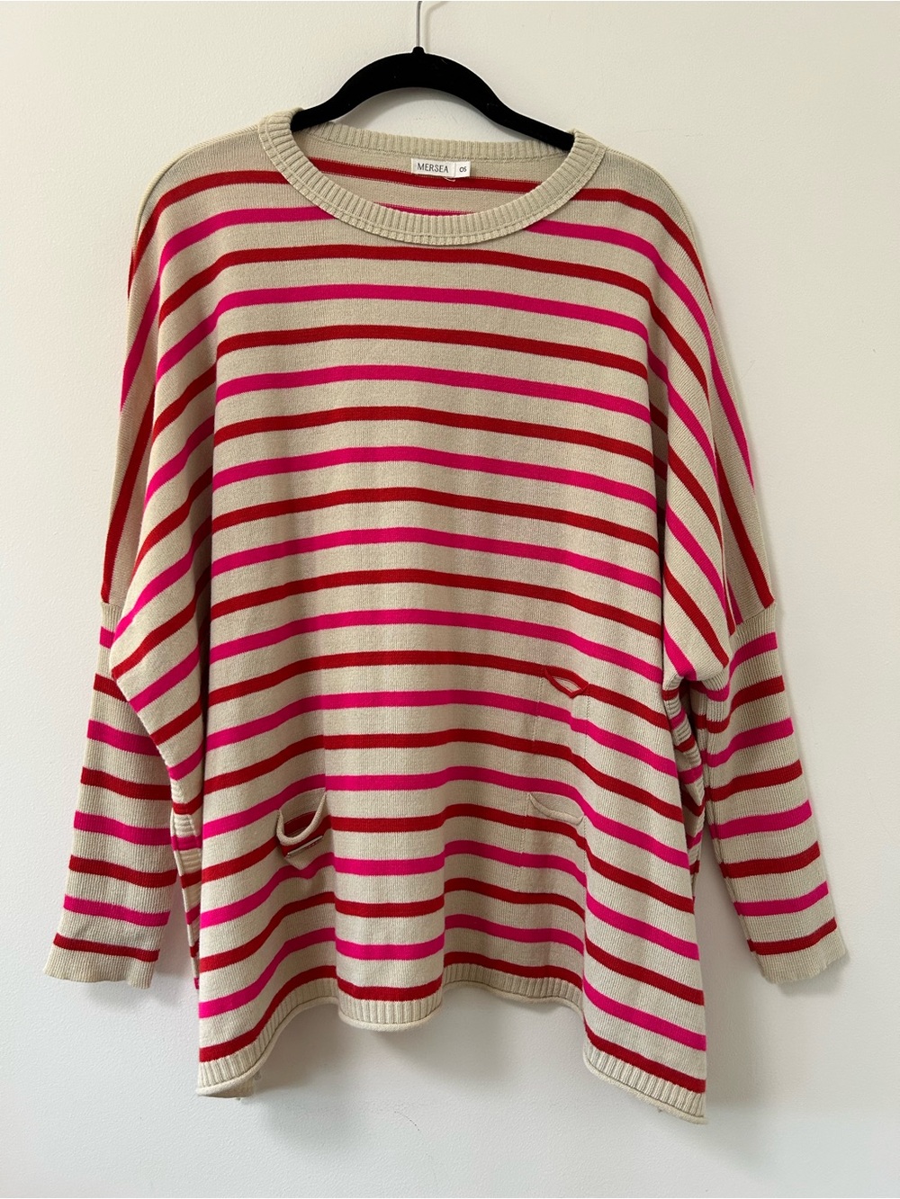 Mersea Catalina‎ travel poncho Beige & Hot Pink red Striped Oversized Sweater